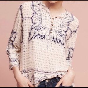 Anthropologie Cream Blouse with Navy Blue Print